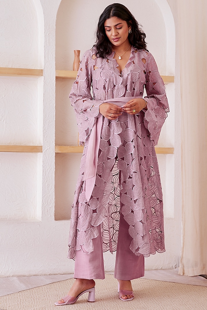 Lilac Chanderi Silk Jacket Set by The Right Cut
