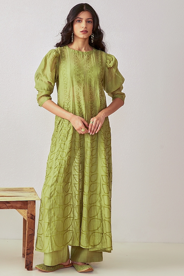 Olive Green Silk Embroidered Kurta Set by The Right Cut at Pernia's Pop Up Shop