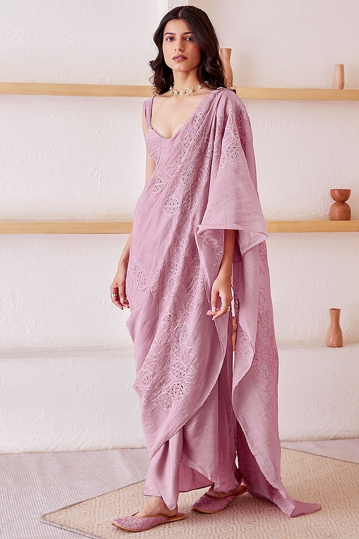Lavender Hand Embroidered Pre-Draped Saree Set by The Right Cut