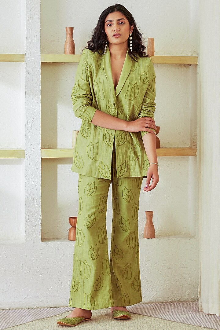 Olive Green Embroidered Blazer by The Right Cut