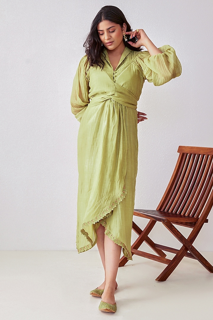 Green Hand Embroidered Wrap Dress by The Right Cut