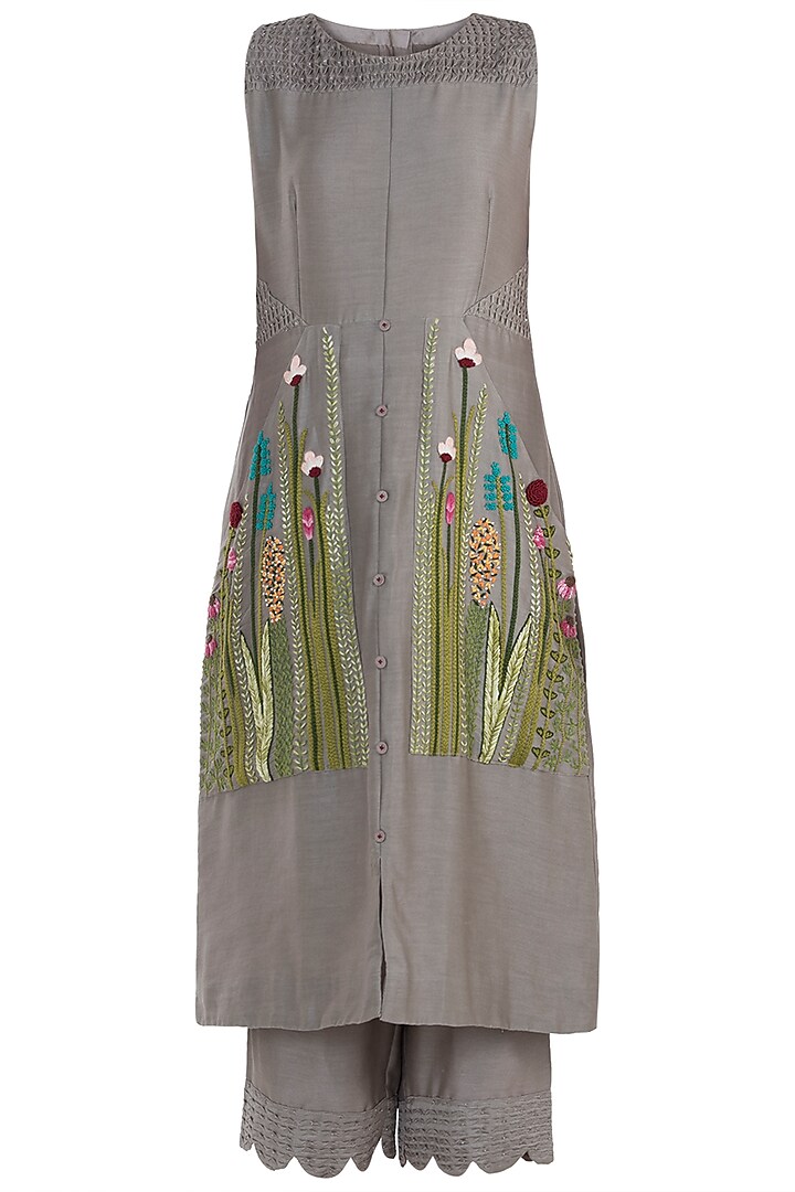 Taupe Embroidered Kurta with Pants by The Right Cut