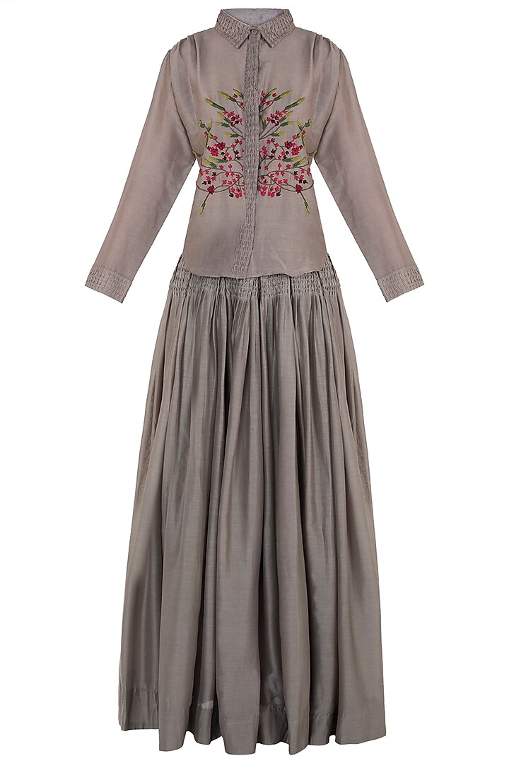 Taupe Embroidered Shirt with Pleated Skirt by The Right Cut