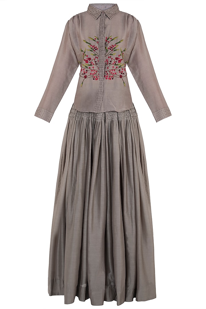 Taupe embroidered shirt with pleated skirt available only at Pernia's Pop Up Shop.