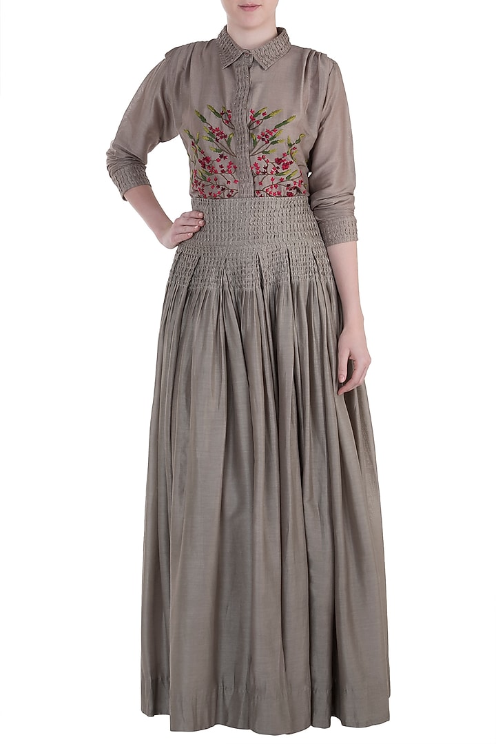 Taupe embroidered shirt with pleated skirt available only at Pernia's Pop Up Shop.