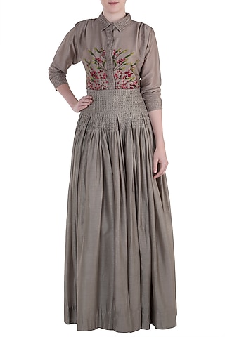 Taupe Embroidered Shirt with Pleated Skirt by The Right Cut