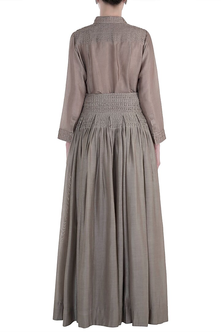 Taupe embroidered shirt with pleated skirt available only at Pernia's Pop Up Shop.