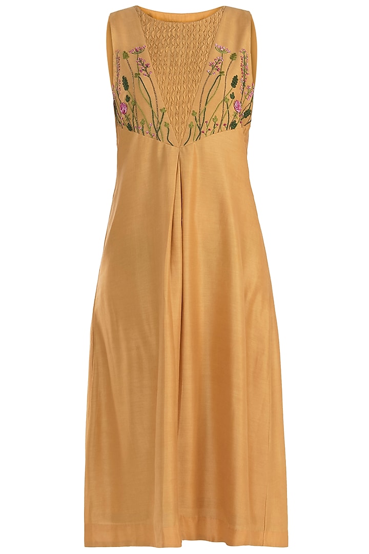 Mustard Pleated Embroidered Tunic by The Right Cut