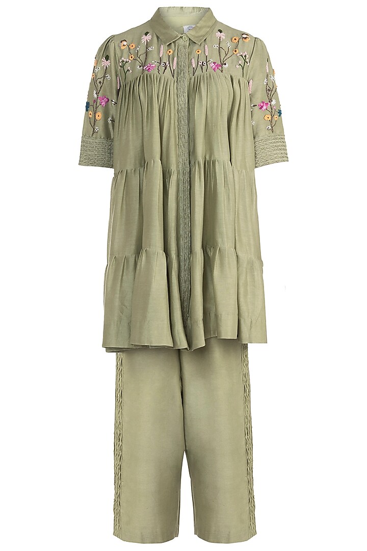 Olive Embroidered Shirt with Trousers by The Right Cut