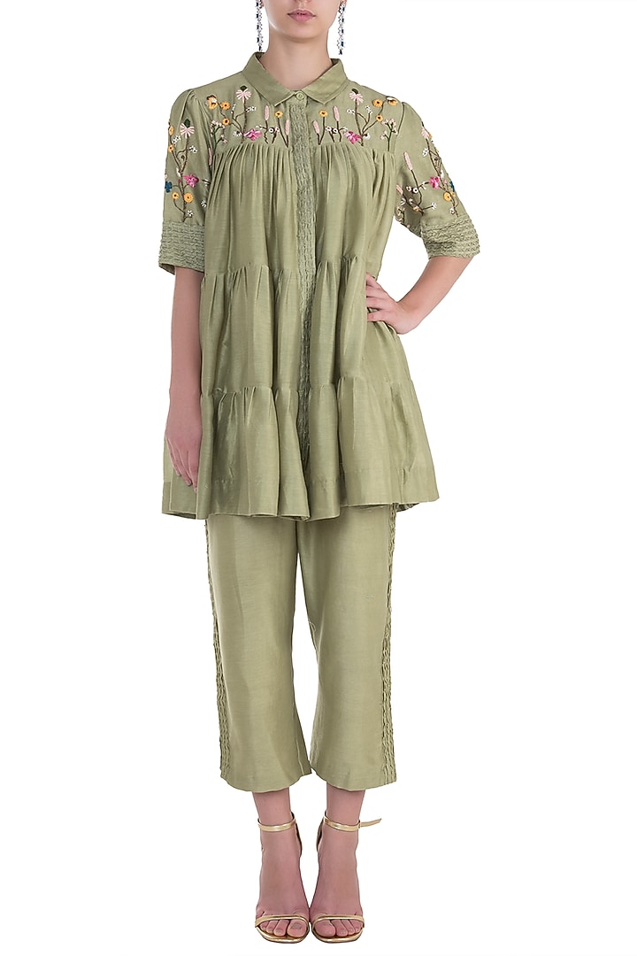 Women Olive Sleeves Embroidered Shirt With Pants