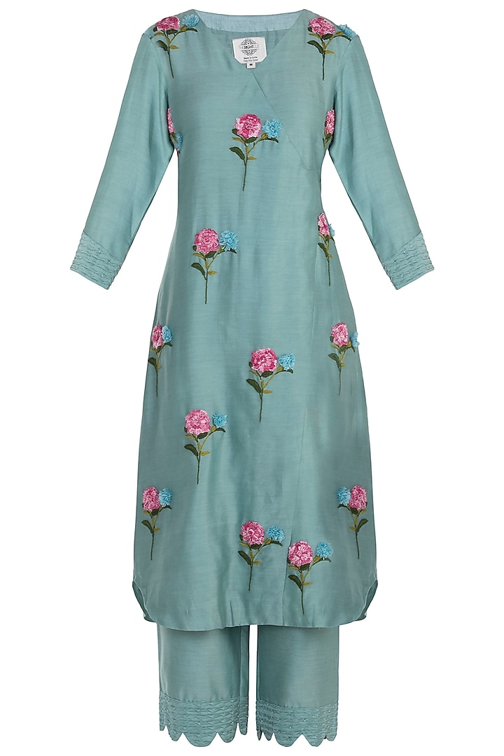 Mint Blue Pintuck Embroidered Kurta with Trousers by The Right Cut
