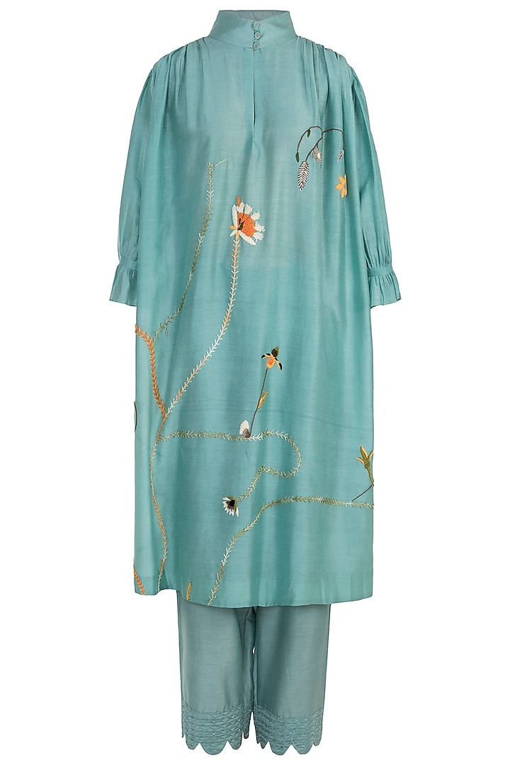 Mint Embroidered Kurta with Trousers by The Right Cut