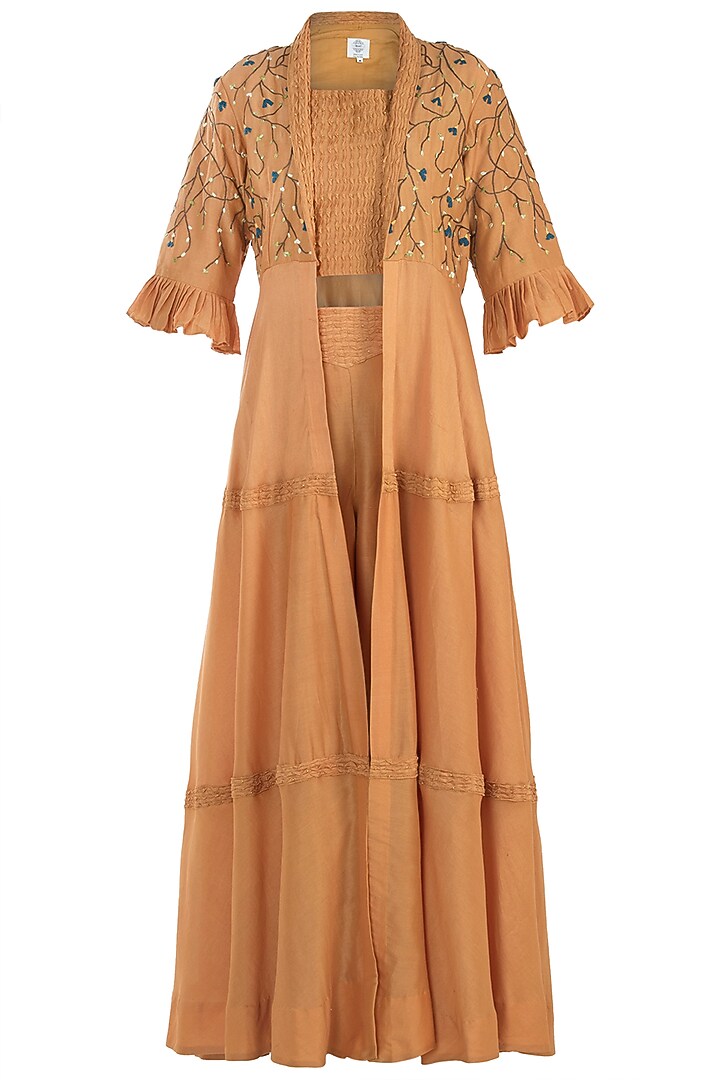 Mustard pintuck embroidered cape with crop top and pants available only at Pernia's Pop Up Shop.