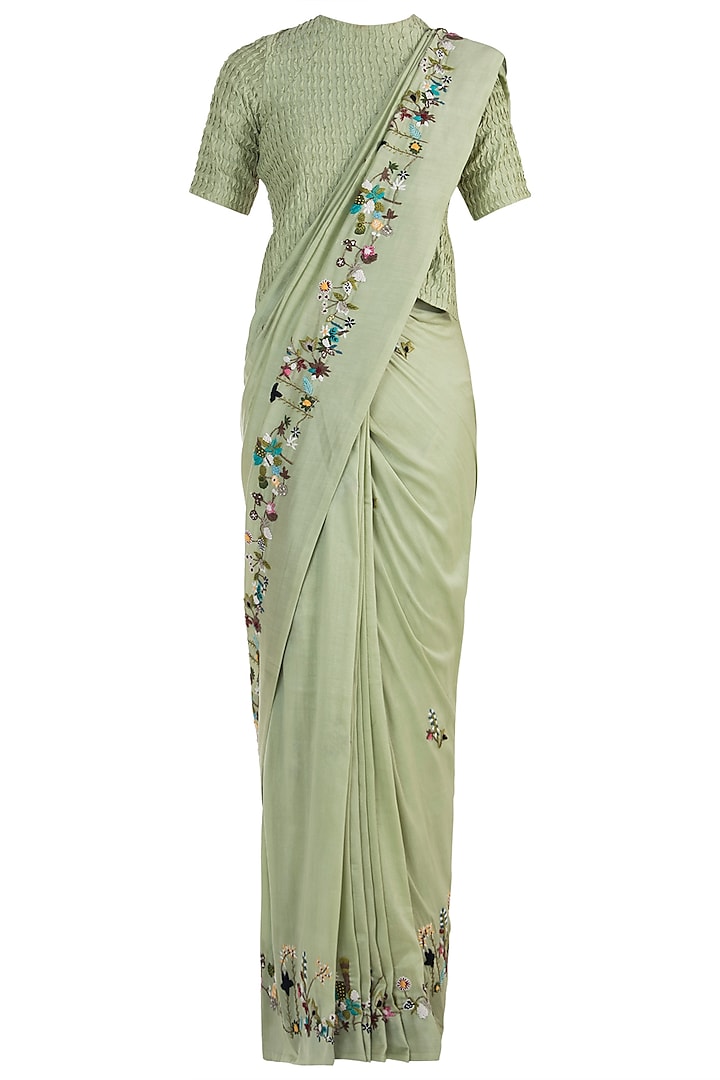 Olive Embroidered Saree with Unstitched Blouse by The Right Cut