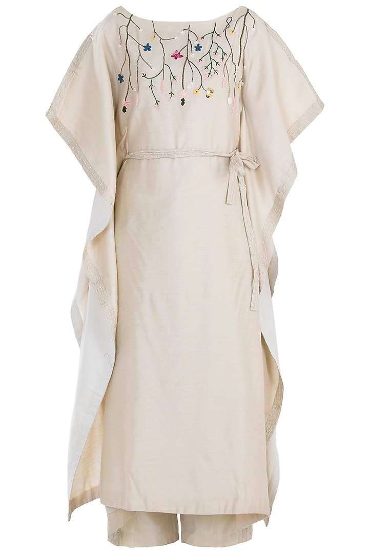 Ivory Pintuck Embroidered Kaftan with Trousers and Belt by The Right Cut