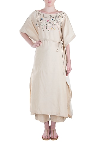 Ivory Pintuck Embroidered Kaftan with Trousers and Belt by The Right Cut