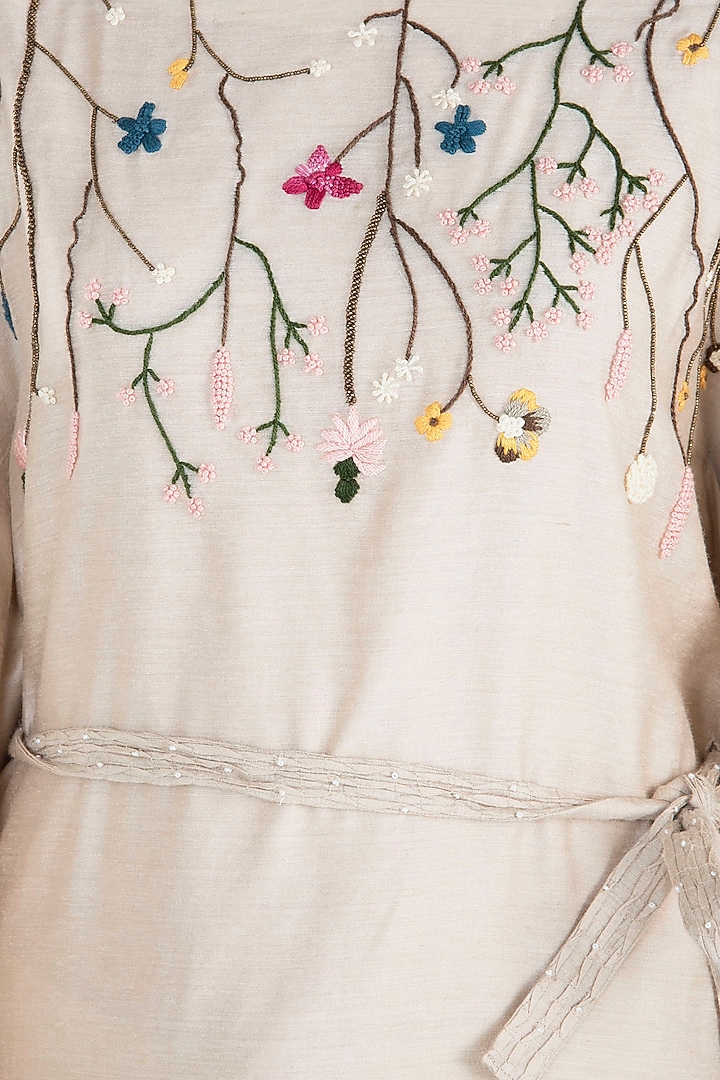 Ivory pintuck embroidered kaftan with trousers and belt available only at Pernia's Pop Up Shop.