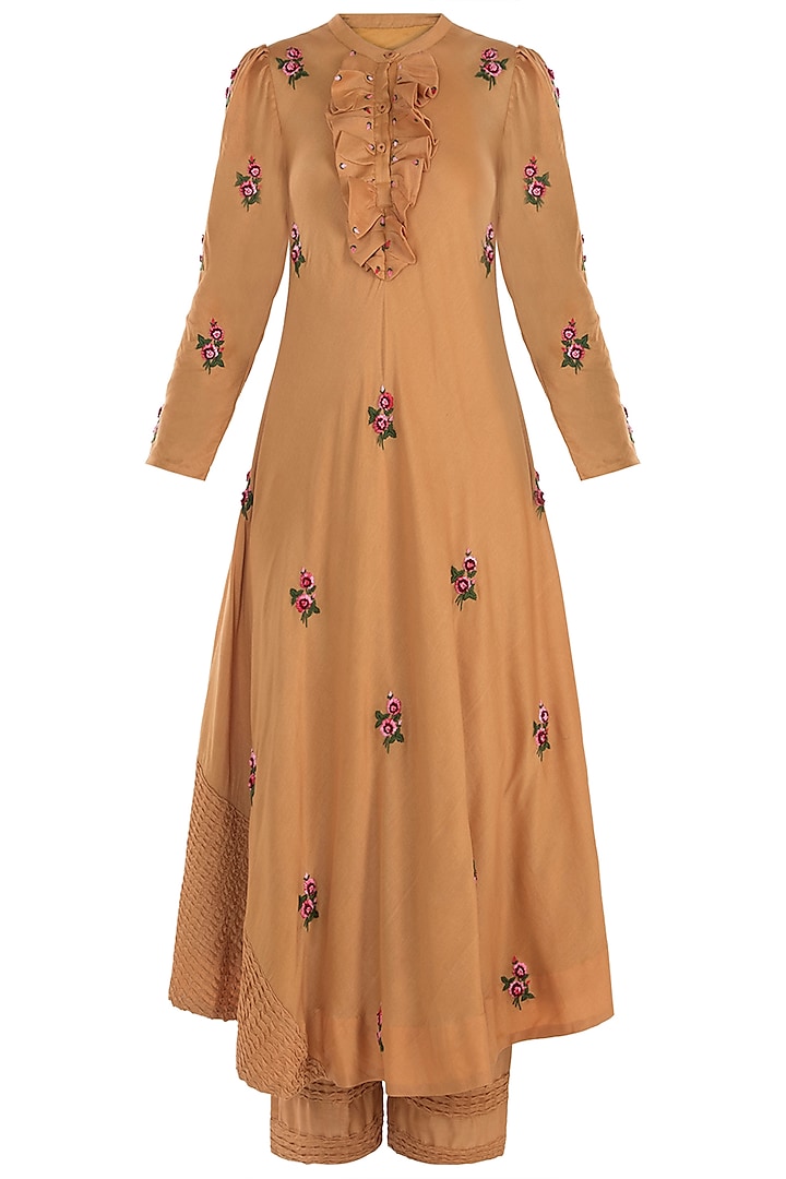 Mustard Pintuck Embroidered Kurta with Trousers by The Right Cut