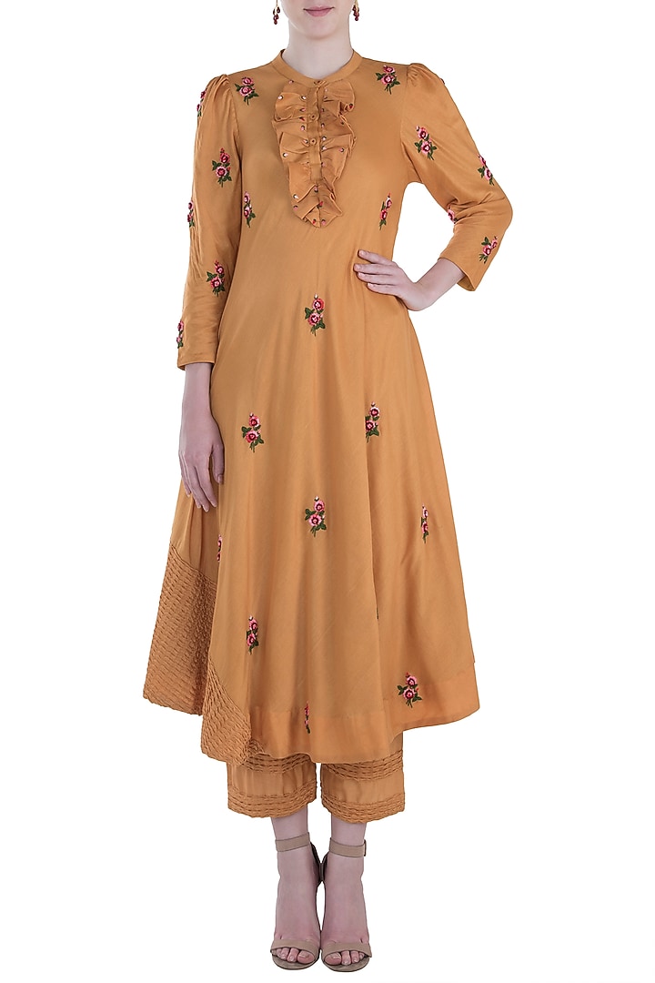 Mustard pintuck embroidered kurta with trousers available only at Pernia's Pop Up Shop.