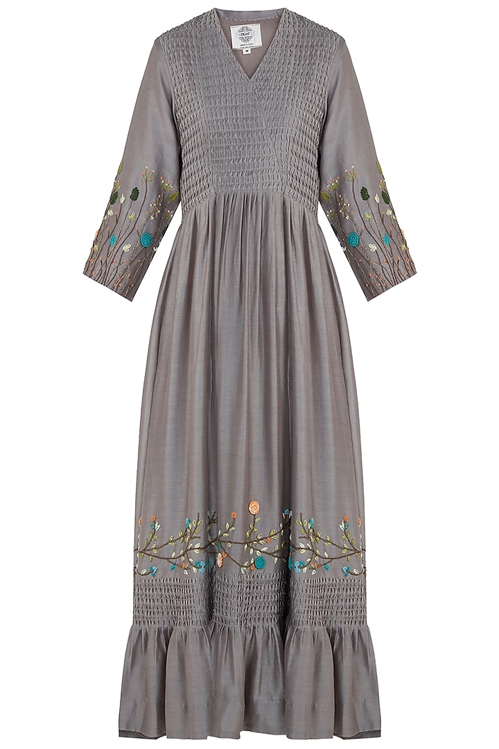 Taupe Pintuck Embroidered Gown by The Right Cut