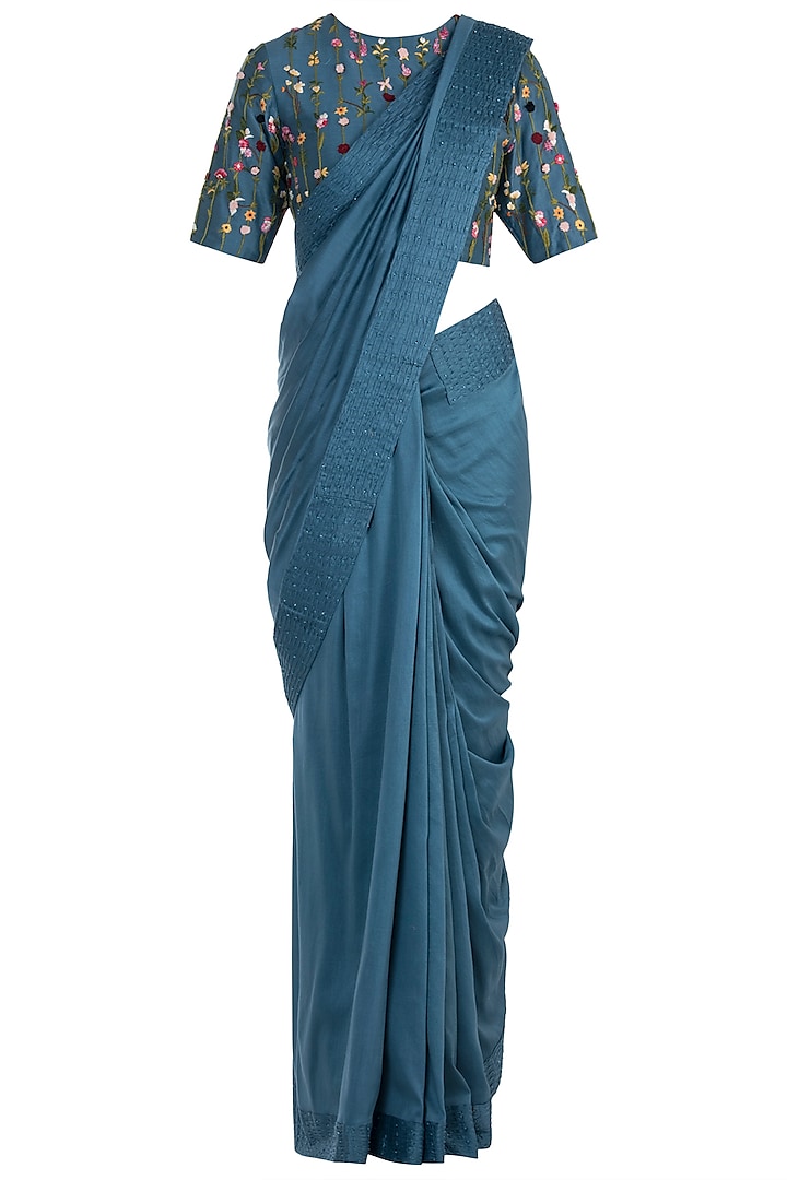 Navy Blue Pintuck Embroidered Saree with Blouse by The Right Cut