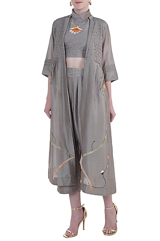 Taupe Polo Neck Embroidered Crop Top with Pants and Jacket by The Right Cut