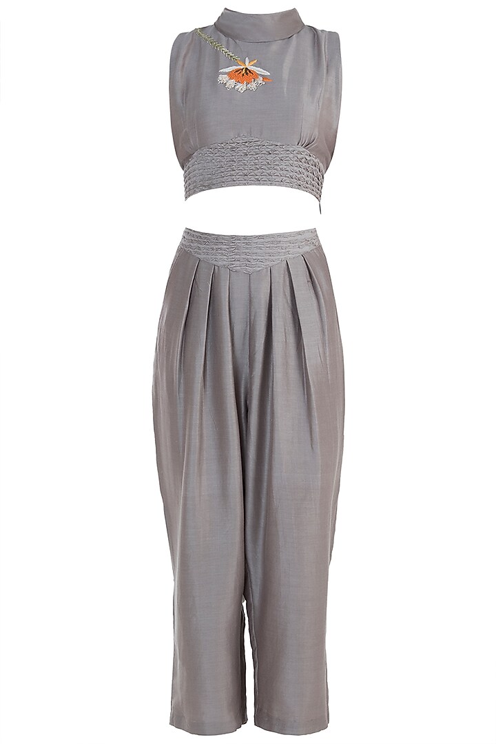 Taupe polo neck embroidered crop top with pants and jacket available only at Pernia's Pop Up Shop.