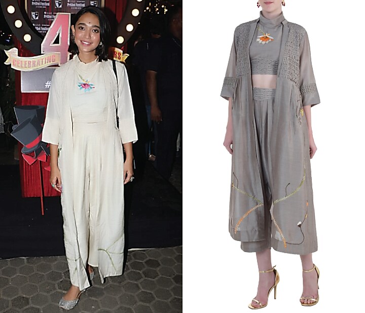 Taupe polo neck embroidered crop top with pants and jacket available only at Pernia's Pop Up Shop.