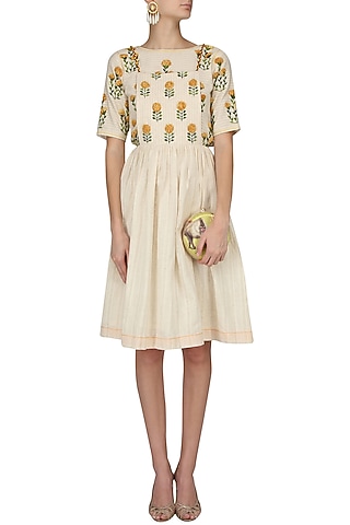 Ivory Floral Embroidered Motifs Dress by The Right Cut