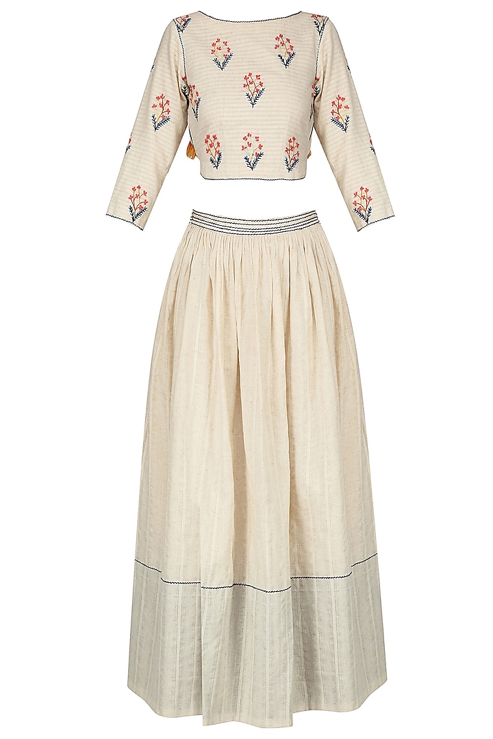 Ivory Floral Embroidered Crop Top and Skirt Set by The Right Cut