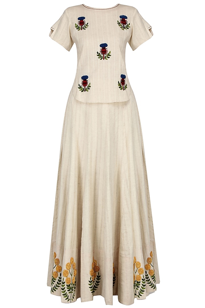 Ivory Floral Embroidered Pleated Maxi Skirt and Top Set by The Right Cut