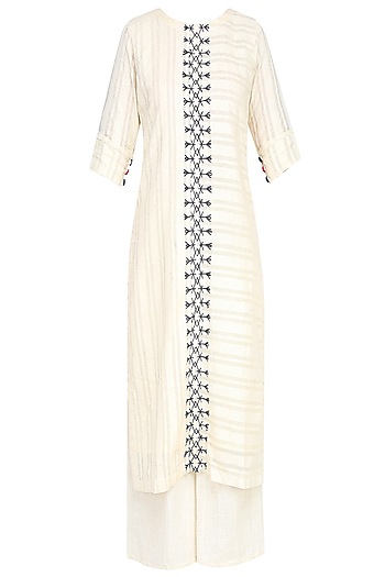 Off white and indigo feather embroidery kurta available only at Pernia ...