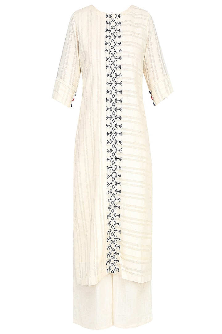 Off White and Indigo Feather Embroidery Kurta with off white pants  by The Right Cut