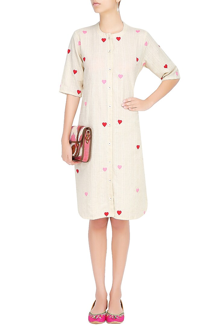 Off white hearts embroidered shirt dress available only at Pernia's Pop Up Shop.