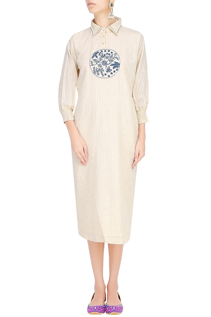Off white bug and flower embroidered shirt dress available only at Pernia's Pop Up Shop.