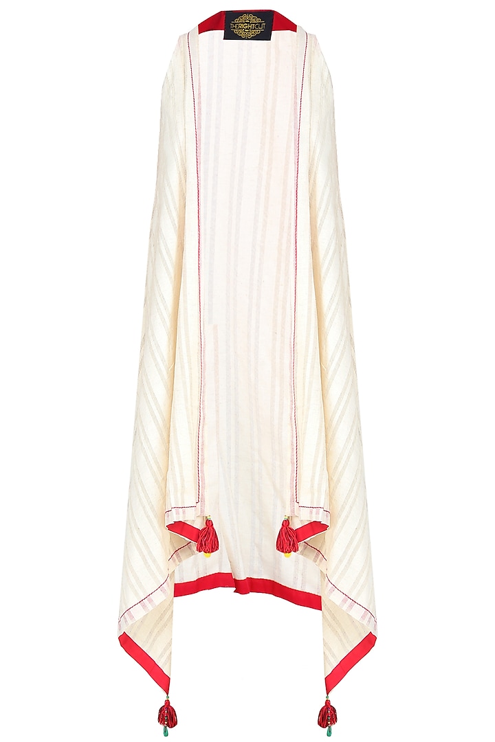 Off White Asymmetric Jacket With Red Tassel Hangings by The Right Cut