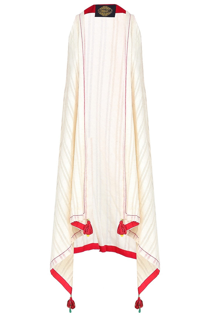 Off white asymmetric jacket with red tassel hangings available only at Pernia's Pop Up Shop.