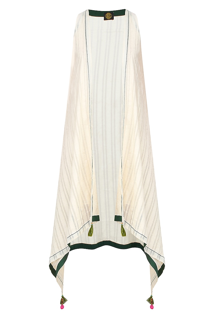 Off White Asymmetric Jacket With Green Tassel Hangings by The Right Cut
