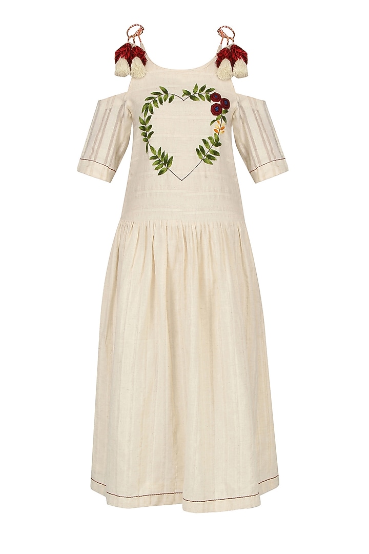 Ivory floral embroidered cold shoulder midi dress available only at Pernia's Pop Up Shop.