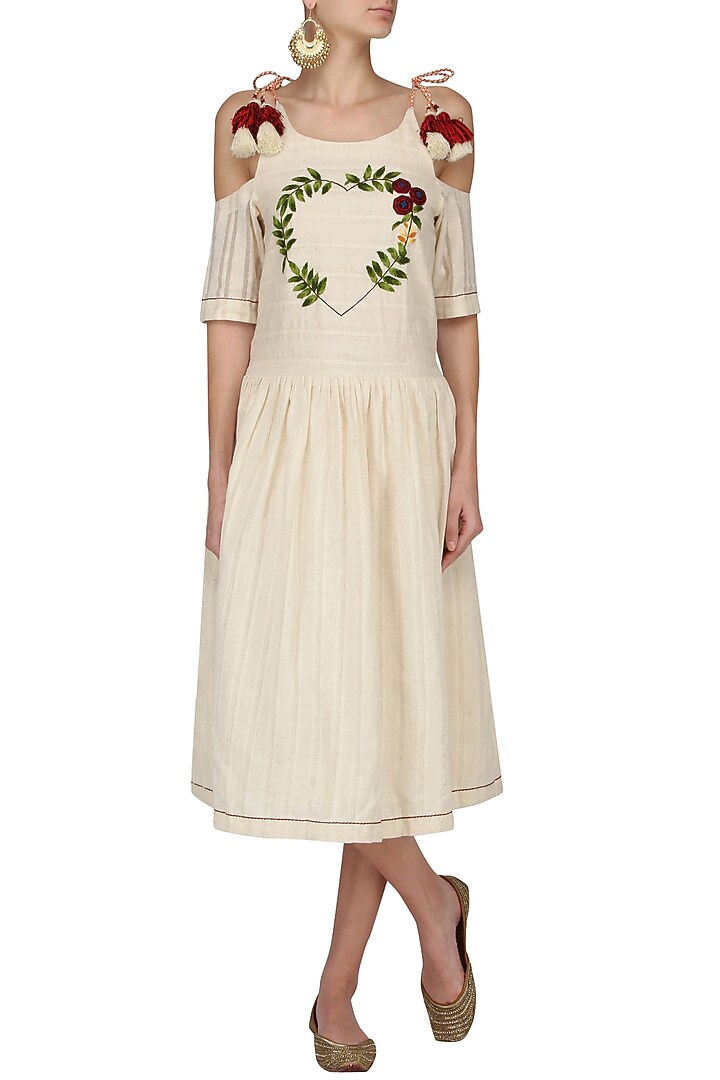 Ivory floral embroidered cold shoulder midi dress available only at Pernia's Pop Up Shop.