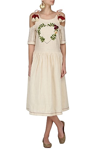 Ivory Floral Embroidered Cold Shoulder Midi Dress by The Right Cut
