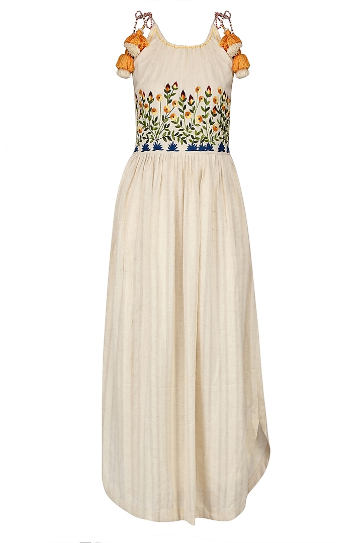 Ivory Floral Embroidered Strappy Knee Length Dress by The Right Cut