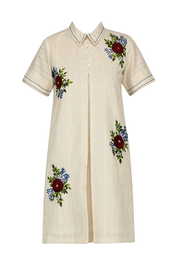 Ivory Floral Embroidered Shirt Dress by The Right Cut