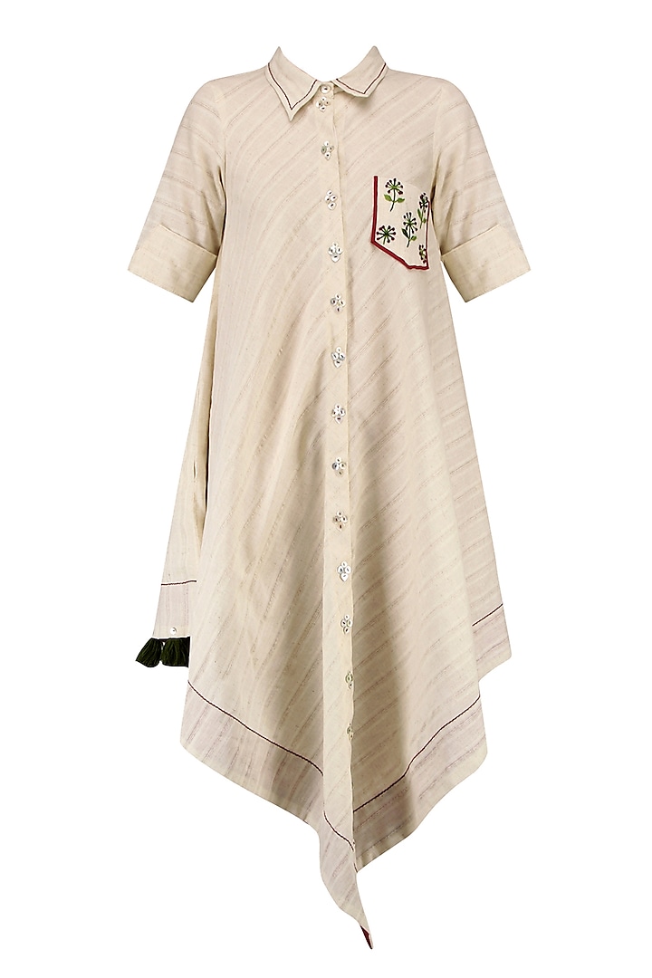Ivory Floral Embroidered Asymmetrical Shirt Dress by The Right Cut