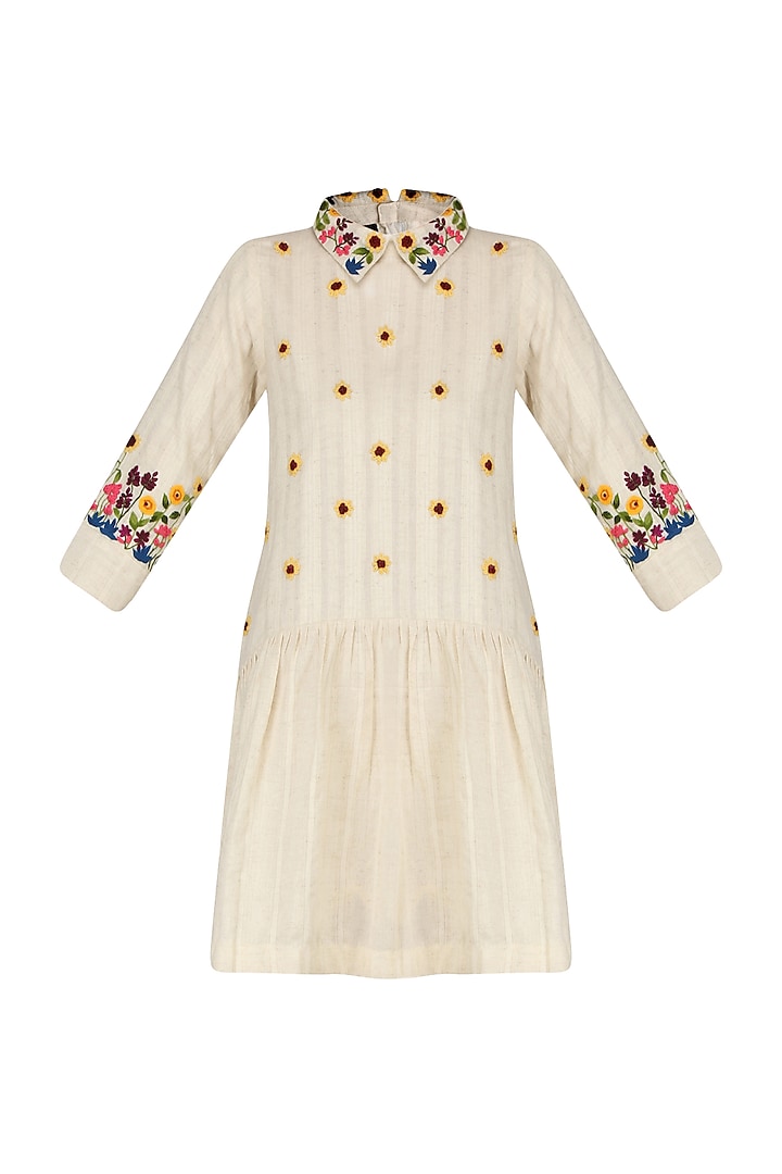 Ivory Floral Embroidered Drop Waist Dress by The Right Cut