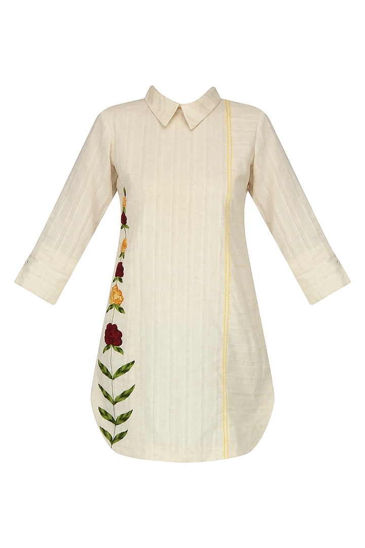Ivory Floral Embroidered Shirt Kurta by The Right Cut