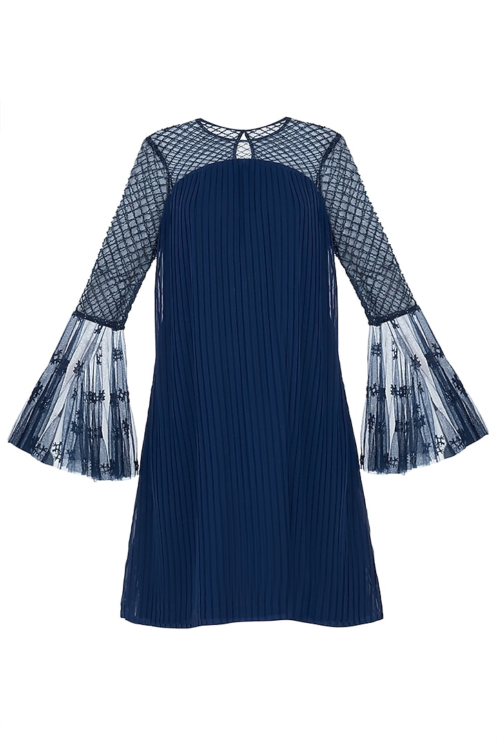 Dark blue pleated embroidered dress available only at Pernia's Pop Up Shop.