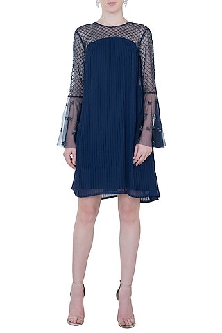 Dark Blue Pleated Embroidered Dress by Trish by Trisha Datwani