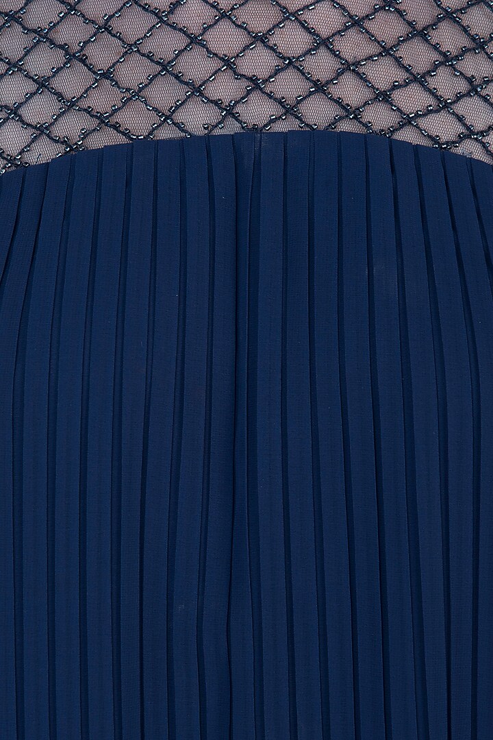 Dark blue pleated embroidered dress available only at Pernia's Pop Up Shop.