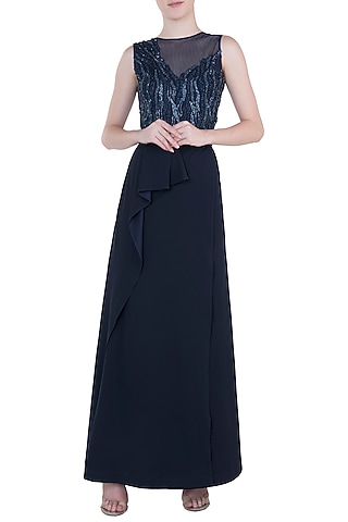Dark Blue Embroidered Jumpsuit by Trish by Trisha Datwani